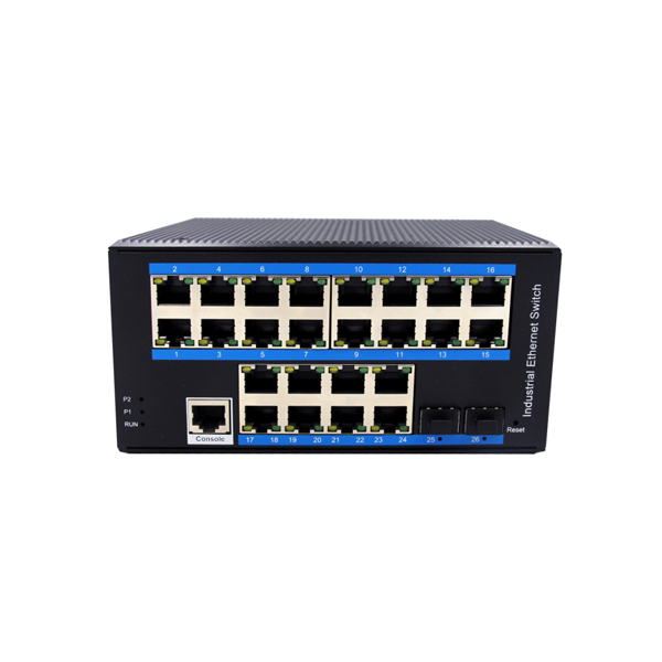 24-port Gigabit PoE + 2G SFP managed industrial switch, 16-port PoE Layer 2 Ethernet switch, DIN-rail switch WPX-GSP-M-SFP with IP40 protection rating