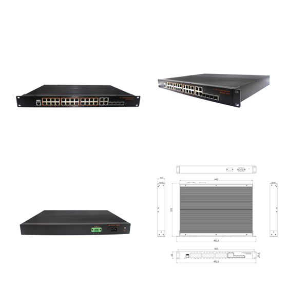 Rack-mountable, Alliuminun L2 Managed Industrial PoE Switch, 101001000Mbps 24-Port RJ45(PoE)+4-Port combo, Power supply AC110-240V (built-in 450W power supply),40℃-8