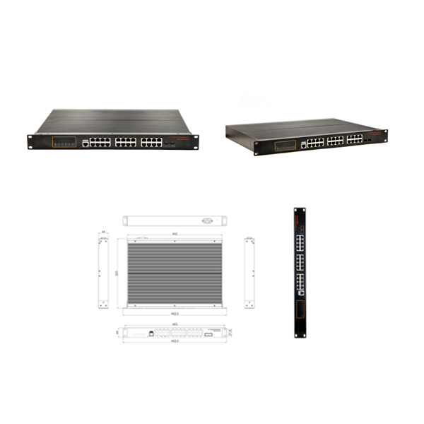 Rack-mountable, Alliuminun L2 Managed Industrial PoE Switch, 101001000Mbps 24-Port RJ45(PoE)+2-Port gigabit SFP, Power supply AC110-240V (built-in 450W power supply)