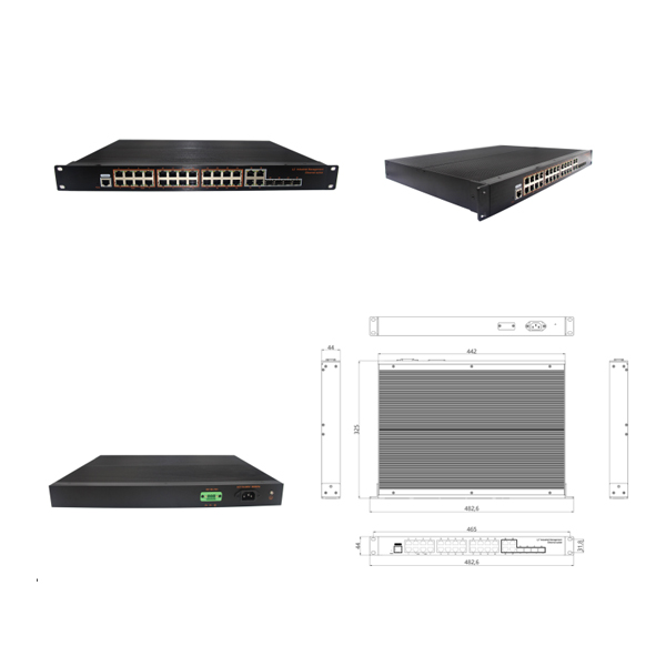 Rack-mountable, Alliuminun L2 Managed Industrial Switch, 101001000Mbps 24-Port RJ45+4-Port combo,Dual power supply AC110-240V, DC36-72V -40℃-80℃ WPX-28GS-M-SFP