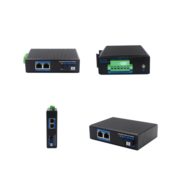 Din-rail design, Alliuminun Unmanaged Industrial Switch, 101001000Mbps 2-Port RJ45+1-Port optical 19 (Single-Mode (1310nm) ,Dual,SC 20km) ,DC48~57V -40℃-80℃ 2 port P