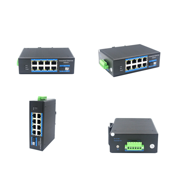Din-rail design, Alliuminun Unmanaged Industrial Switch, 10100Mbps 8-Port RJ45+1-Port optical 19 (Single-Mode (1310nm) ,Dual,SC 20km) ,DC48~57V,-40℃-80℃ Working temp