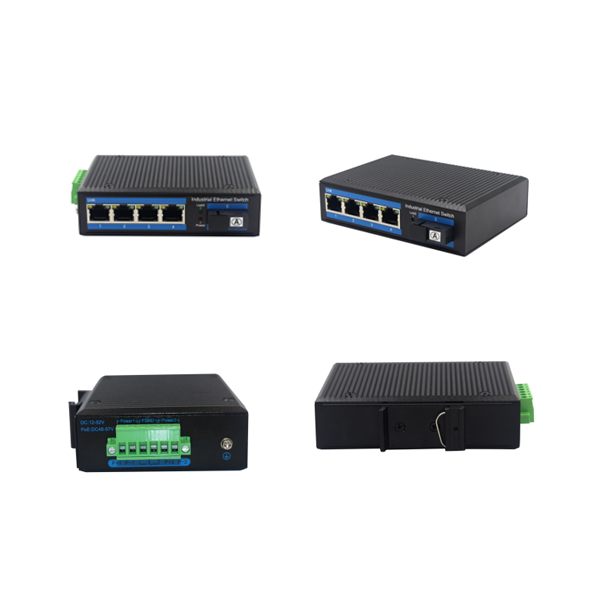 Din-rail design, Alliuminun Unmanaged Industrial Switch, 10100Mbps 4-Port RJ45+1-Port optical 19 (Single-Mode (1310nm) ,Dual,SC 20km) ,DC48~57V,-40℃-80℃ Working temp