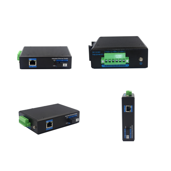 Din-rail design, Alliuminun Unmanaged Industrial Switch, 10100Mbps 1-Port RJ45+1-Port optical 19 (Single-Mode (1310nm) ,Dual,SC 20km) , DC48~57V，-40℃-80℃ Working tem